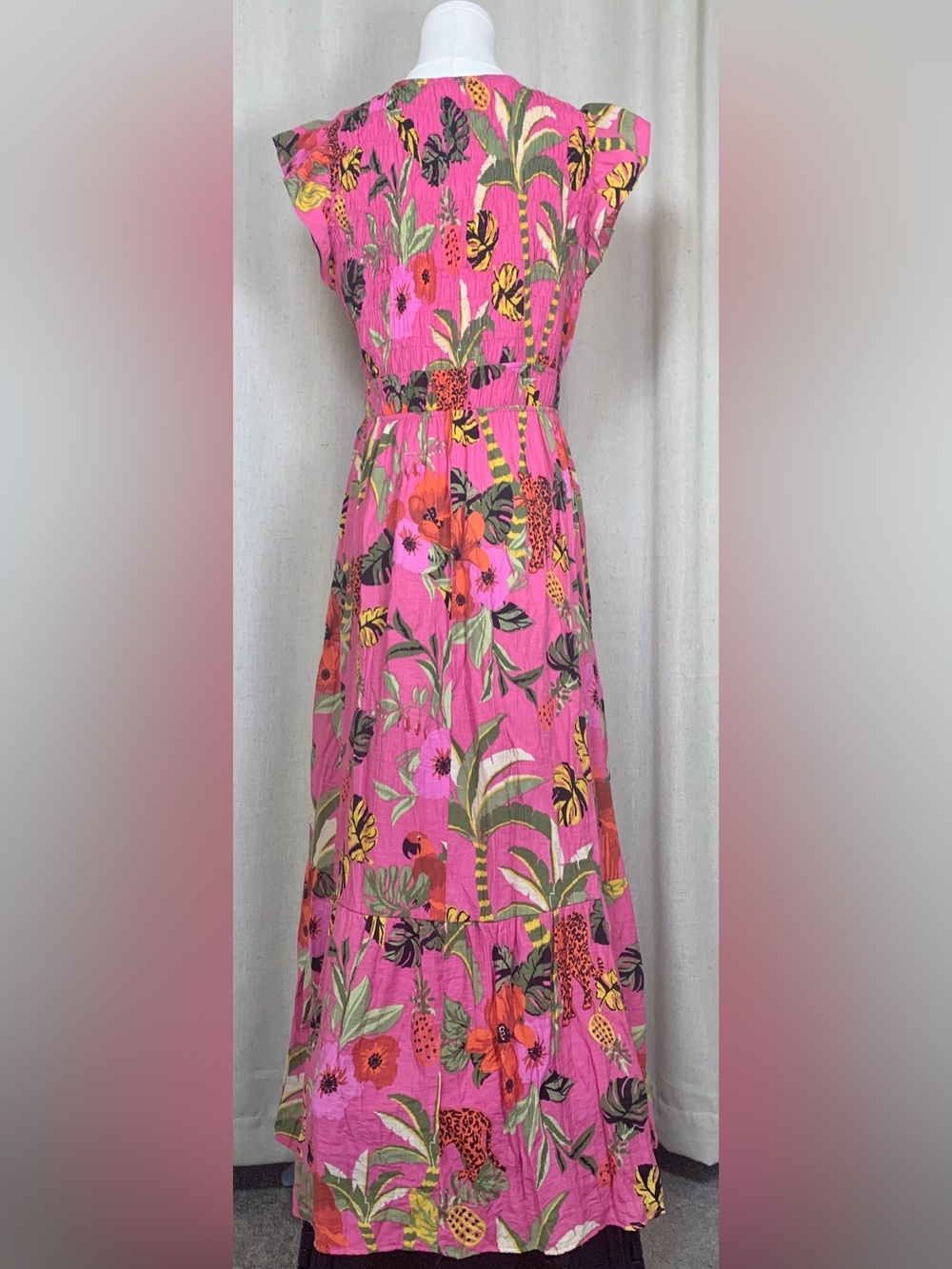 Easel Pink Tropical Jungle Print Maxi Dress | Boho Flutter Sleeve | Medium - Picture 4 of 7